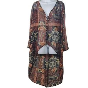 Boho Floral Lace-Up Tunic Top in Rust Size M